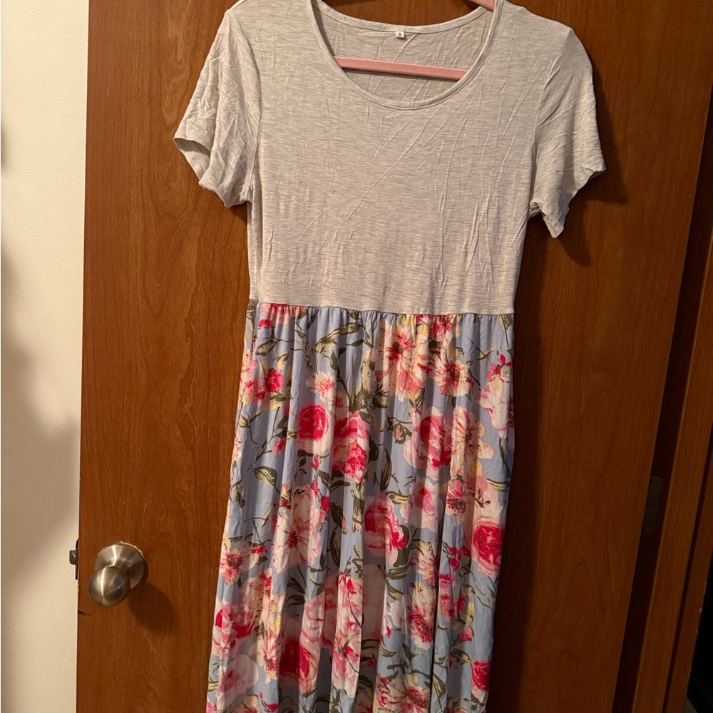 Floral Gray and Pink Midi Dress